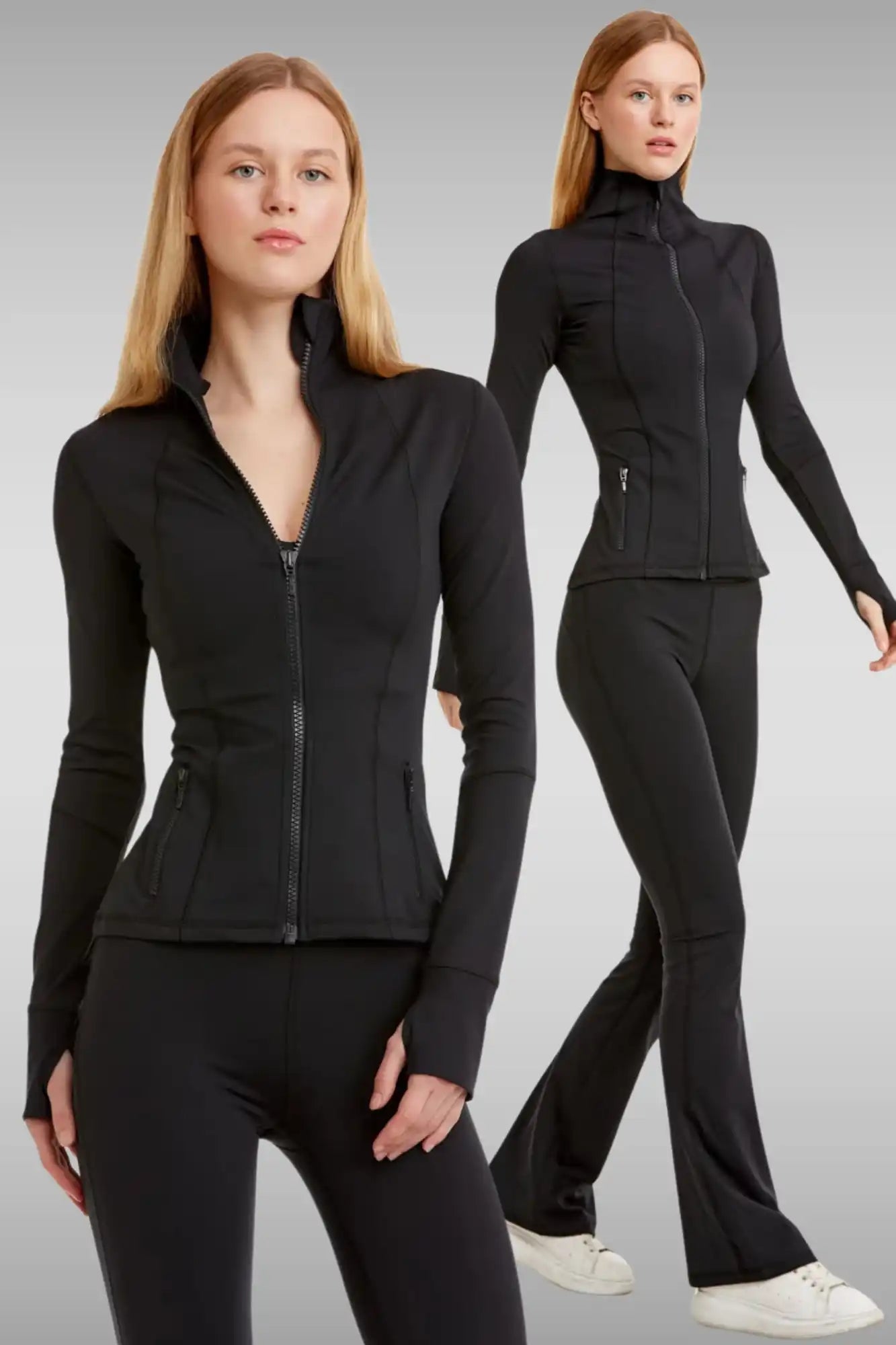 Siyah spor kıyafetler giyen iki kadın.